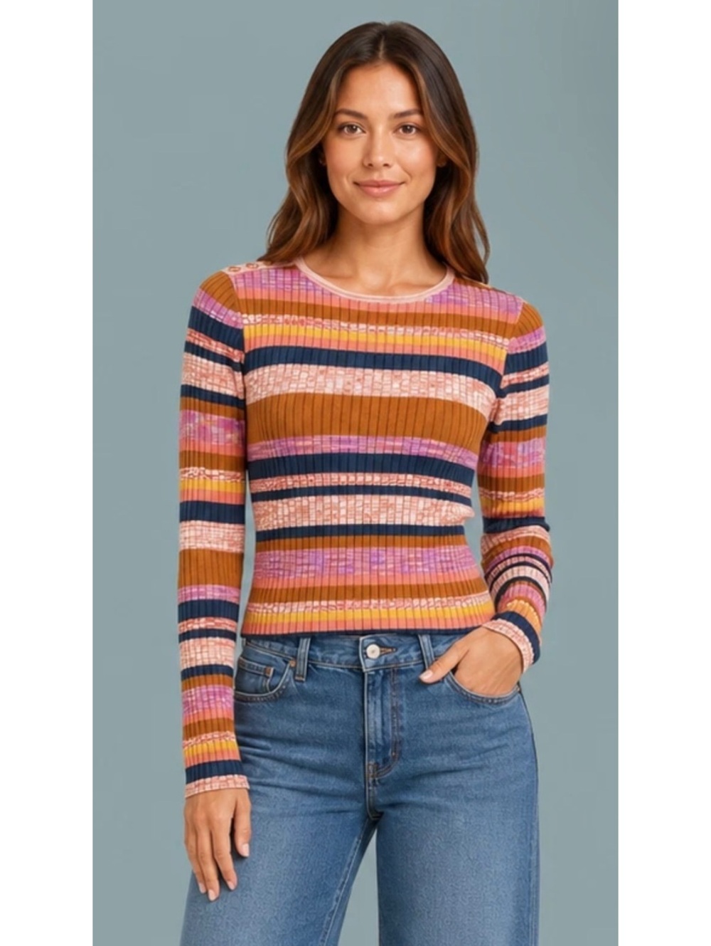 SUNDANCE | Bright Nights Multicolor Striped Ribbed Sweater Button Shoulder Sz L